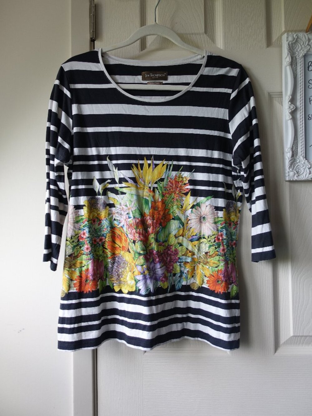 JM Collection Black & White Striped Floral-Print Women’s Top